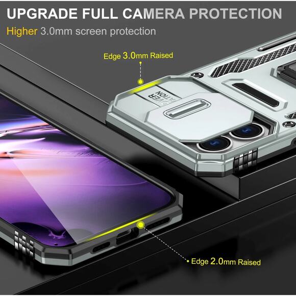 iPhone 14 Pro Max Military Grade Ring Holder Silver Case with Camera Lens Cover - Picture 7 of 10